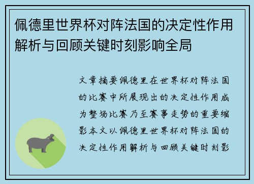 佩德里世界杯对阵法国的决定性作用解析与回顾关键时刻影响全局